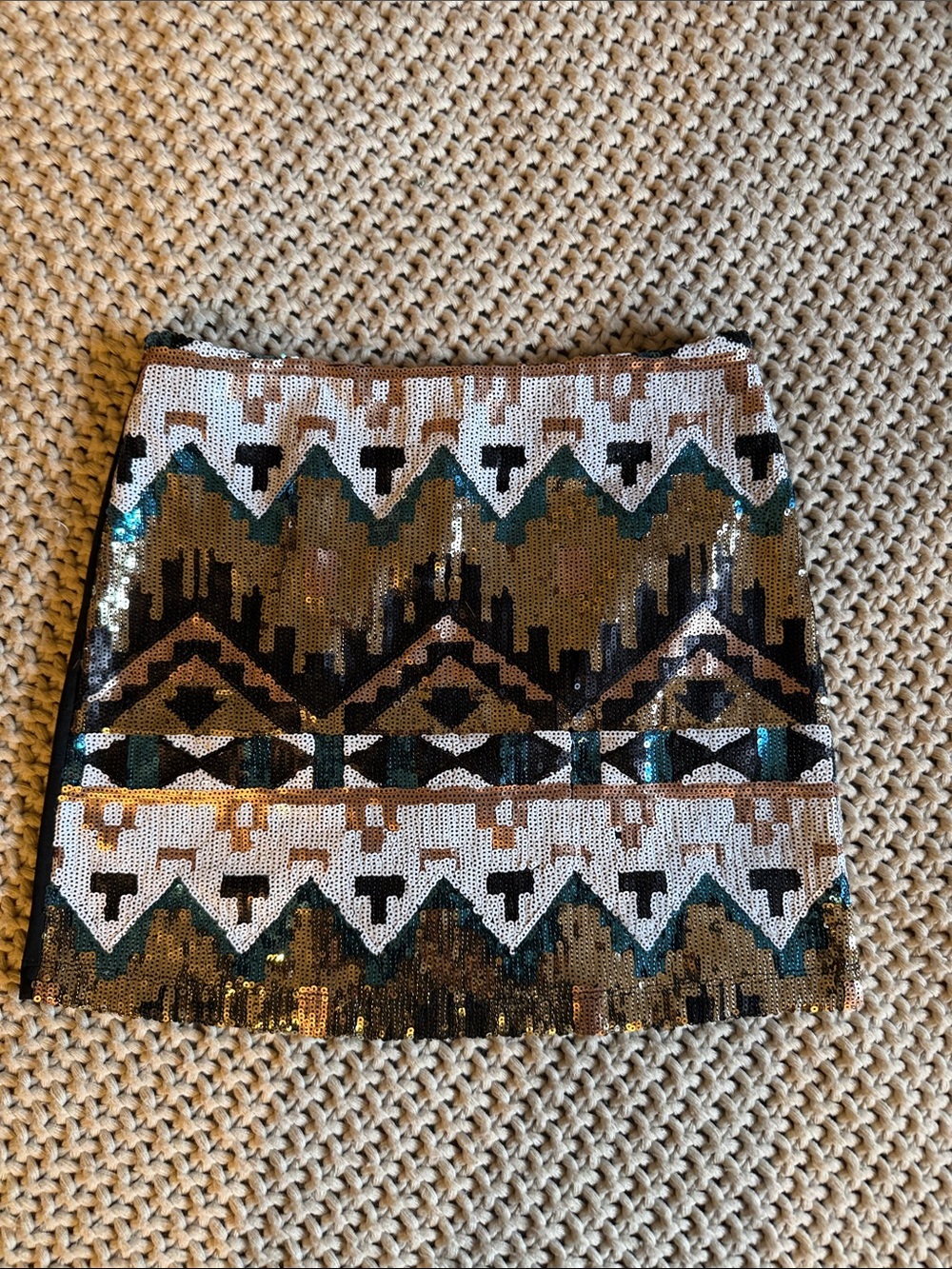 Embellished Geometric Sequin Mini Skirt in Gold, Black & Teal